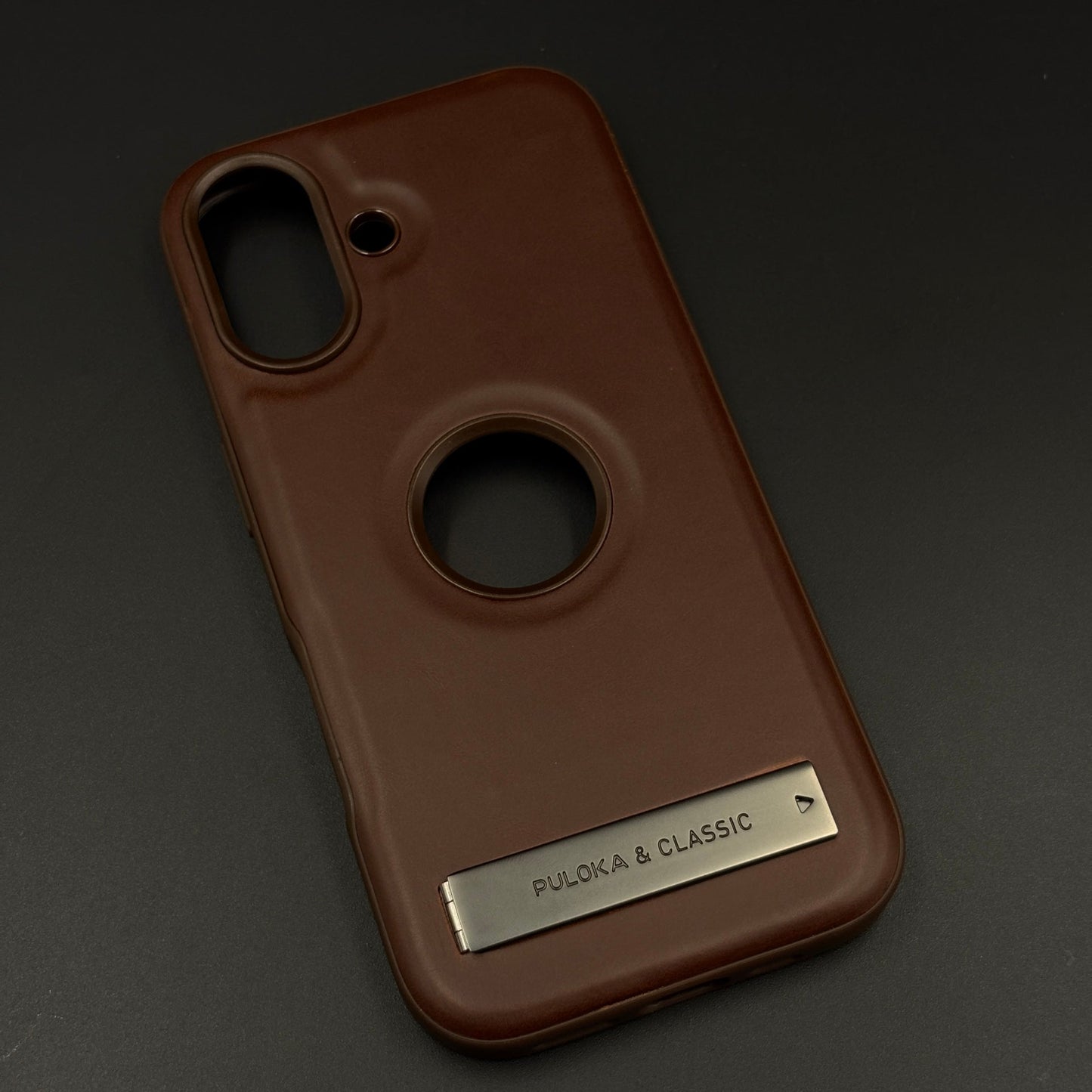 Premium Leather Logo Cut Mobile Case Cover with Metal Kickstand for iPhone 17  | Classic Stand Edition