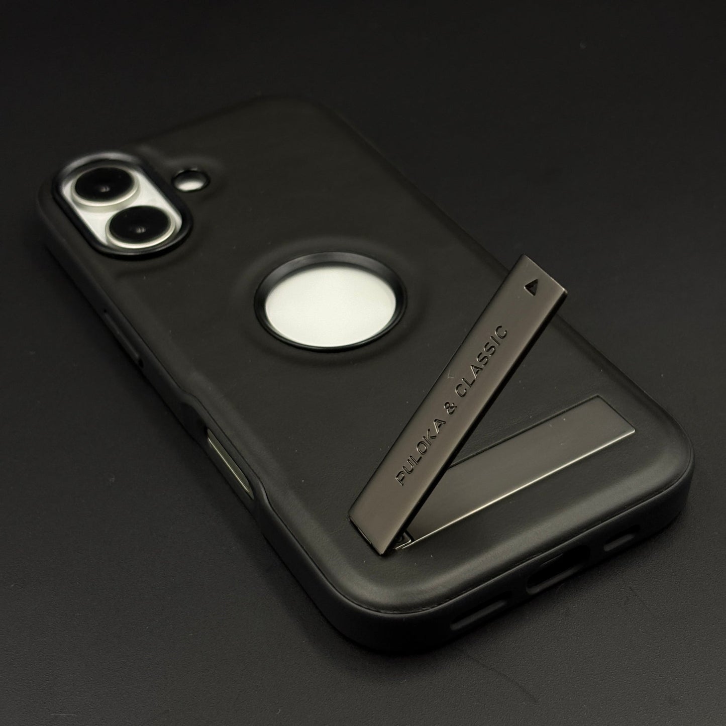 Premium Leather Logo Cut Mobile Case Cover with Metal Kickstand for iPhone 17  | Classic Stand Edition