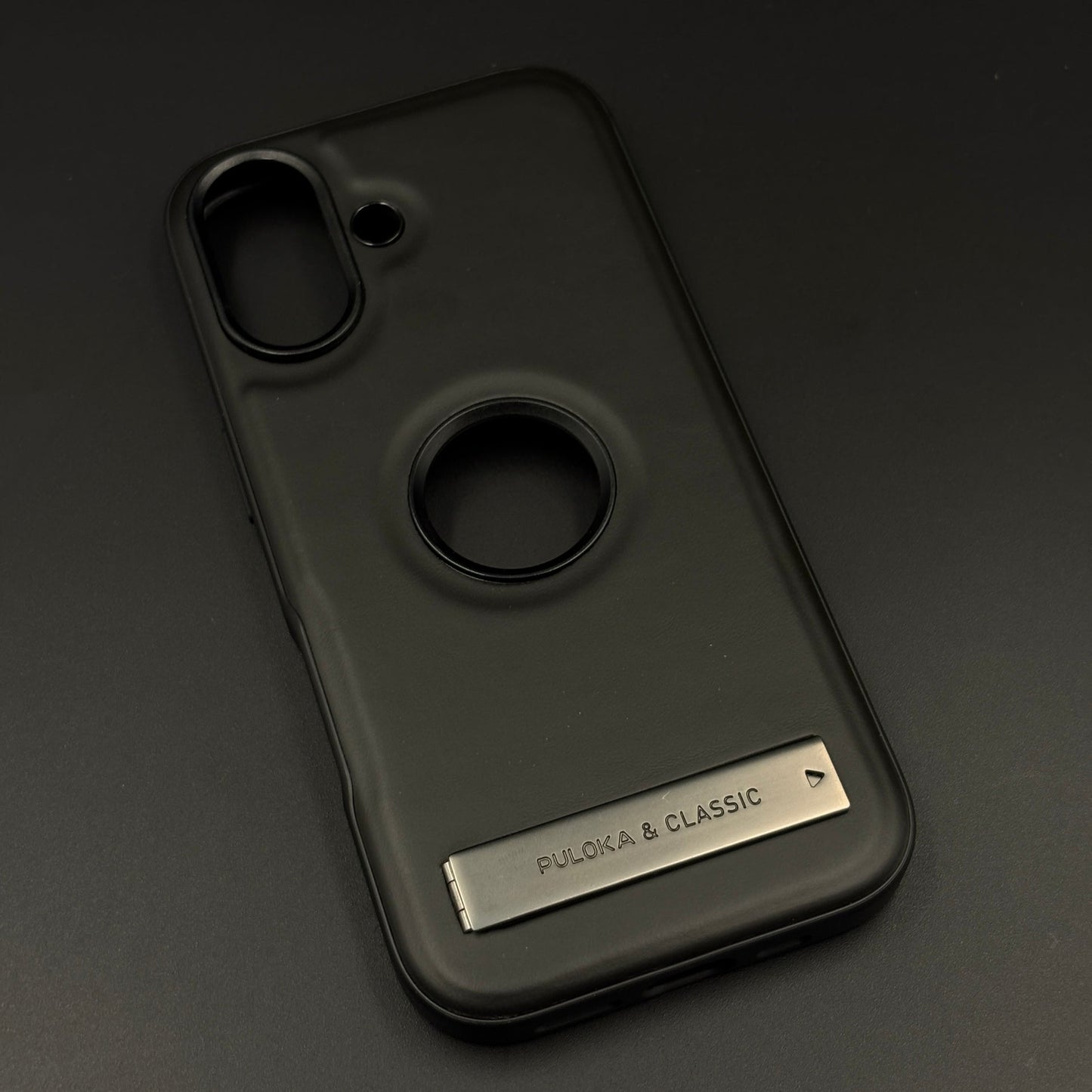 Premium Leather Logo Cut Mobile Case Cover with Metal Kickstand for iPhone 17  | Classic Stand Edition