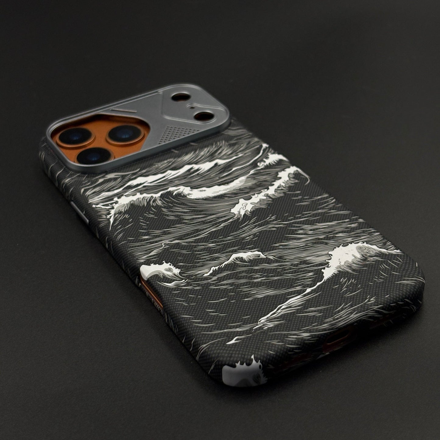 Wave Pattern Black Carbon Fiber Textured Hidden MagSafe Case Cover for iPhone 17 Series