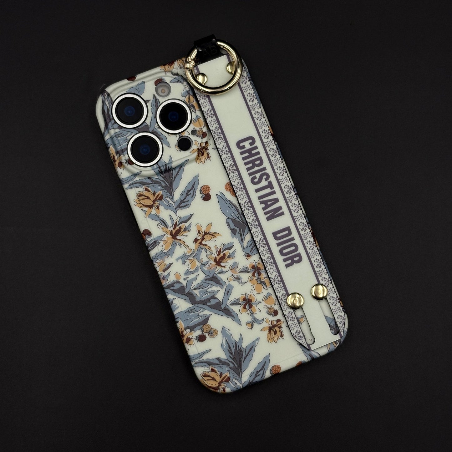 CD Floral Belt Case Cover for iPhone 15 Series | Premium Brand Edition | Hand Strap Designer Protection