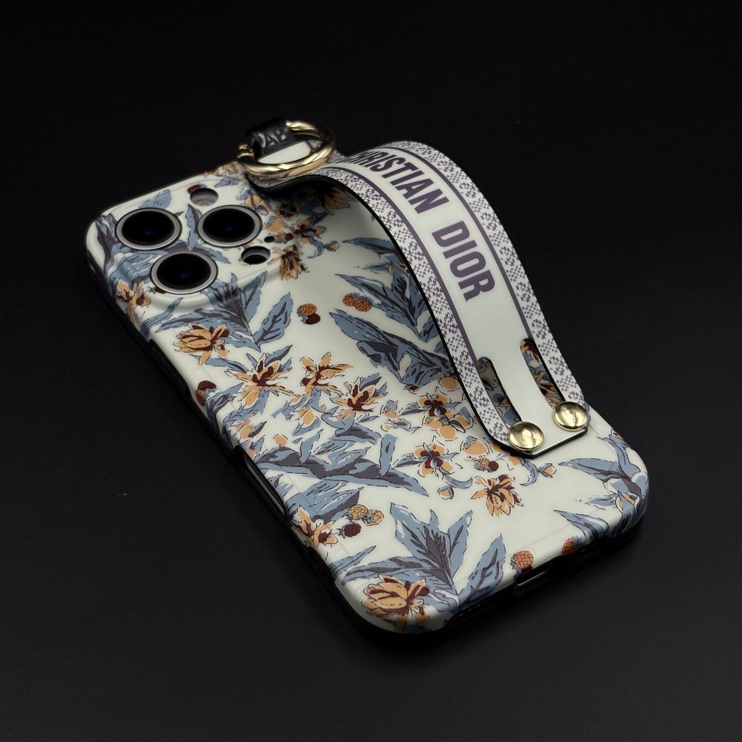 CD Floral Belt Case Cover for iPhone 15 Series | Premium Brand Edition | Hand Strap Designer Protection