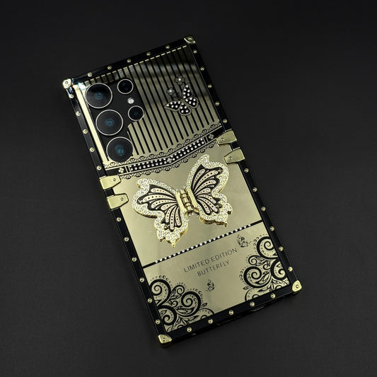 Luxury Butterfly Trunk Case for Samsung Galaxy S24 Ultra | Gold Mirror Finish | Diamond Butterfly