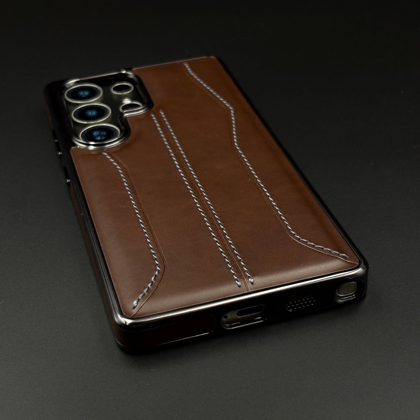 Samsung Galaxy S25 Ultra Stitched Leather Chrome Case