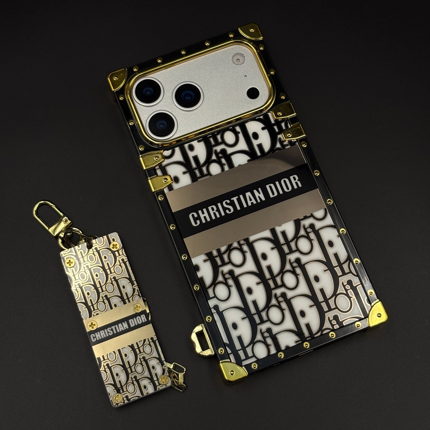 Luxury CD Trunk Phone Case Cover with Chain for iPhone 17 Series | Designer Metal Frame | Gold Monogram