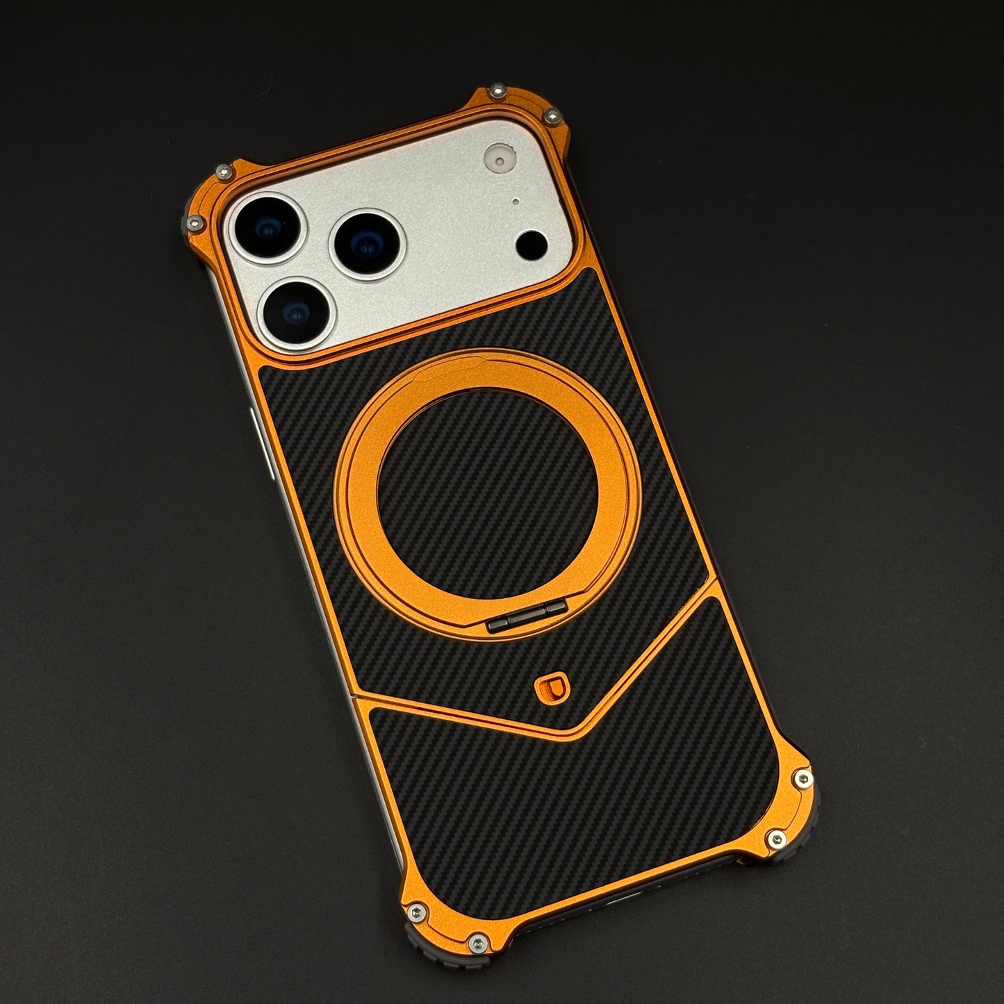 Frameless Metal Carbon Armor Orange Case Cover for iPhone 17 Series | MagSafe Rotating Ring Stand