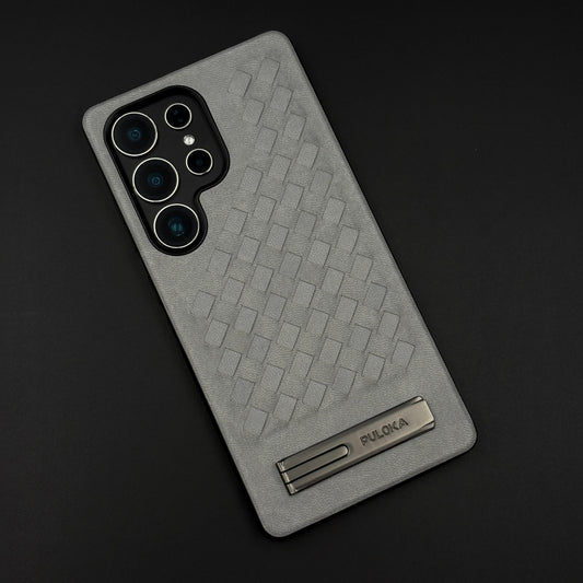 Leather Grid Pattern Kickstand Case for Samsung Galaxy S25 Ultra | Slim Shockproof Protective Cover