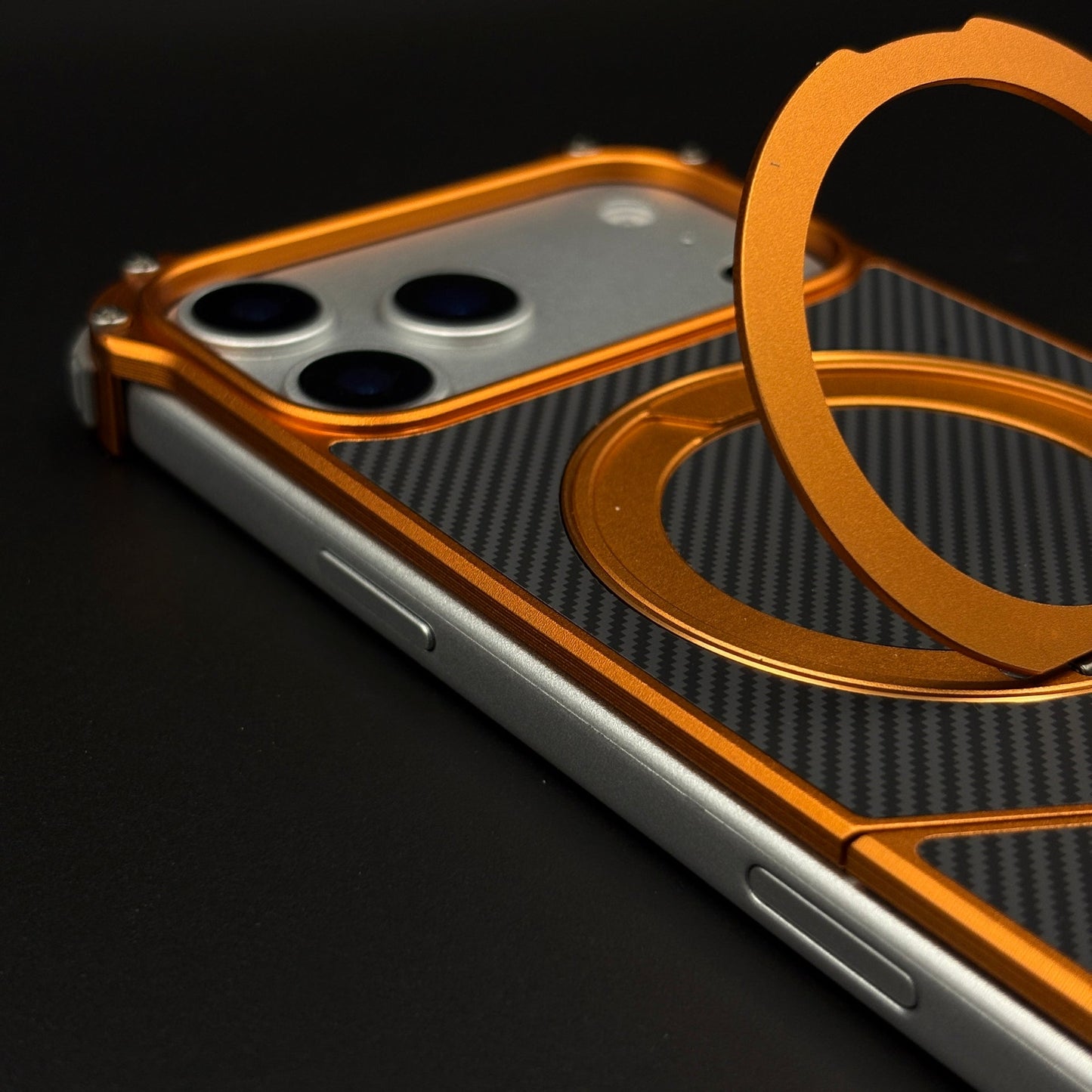 Frameless Metal Carbon Armor Orange Case Cover for iPhone 17 Series | MagSafe Rotating Ring Stand