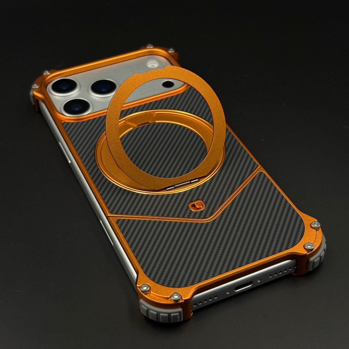 Frameless Metal Carbon Armor Orange Case Cover for iPhone 17 Series | MagSafe Rotating Ring Stand