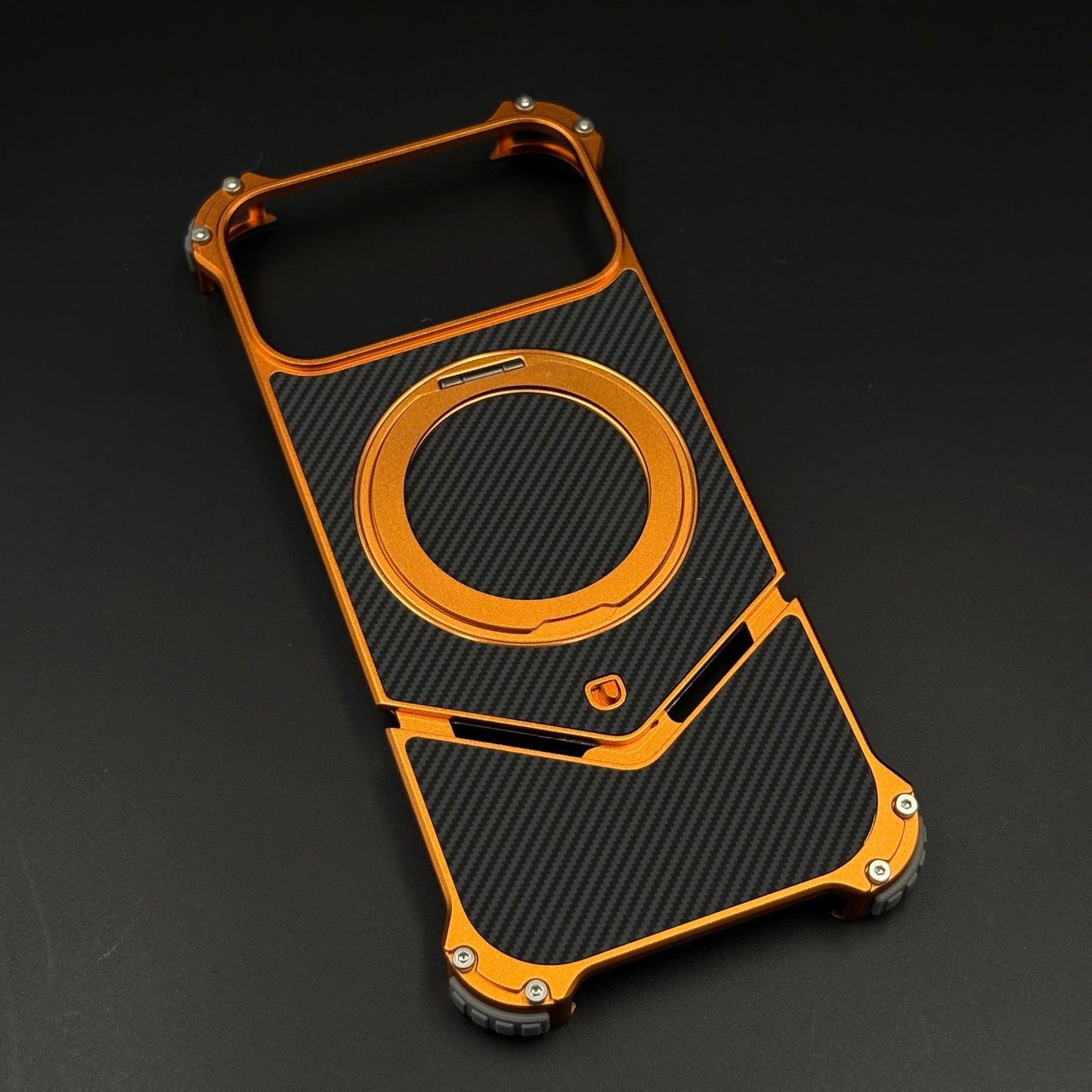 Frameless Metal Carbon Armor Orange Case Cover for iPhone 17 Series | MagSafe Rotating Ring Stand
