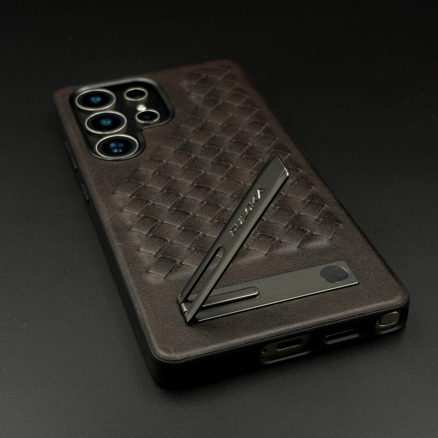 Leather Grid Pattern Kickstand Case for Samsung Galaxy S25 Ultra | Slim Shockproof Protective Cover