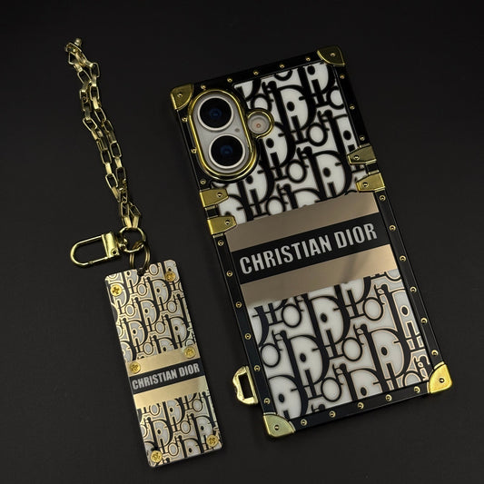 Luxury CD Trunk Phone Case Cover with Chain for iPhone 17 | Designer Metal Frame | Gold Monogram