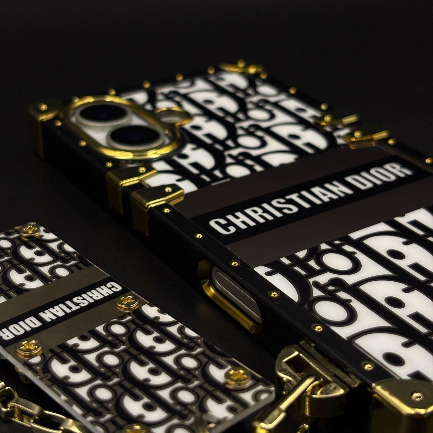 Luxury CD Trunk Phone Case Cover with Chain for iPhone 17 | Designer Metal Frame | Gold Monogram