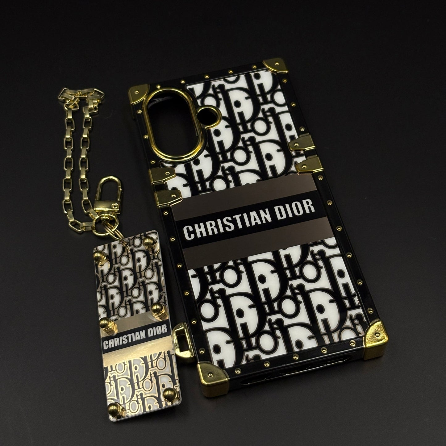 Luxury CD Trunk Phone Case Cover with Chain for iPhone 17 | Designer Metal Frame | Gold Monogram