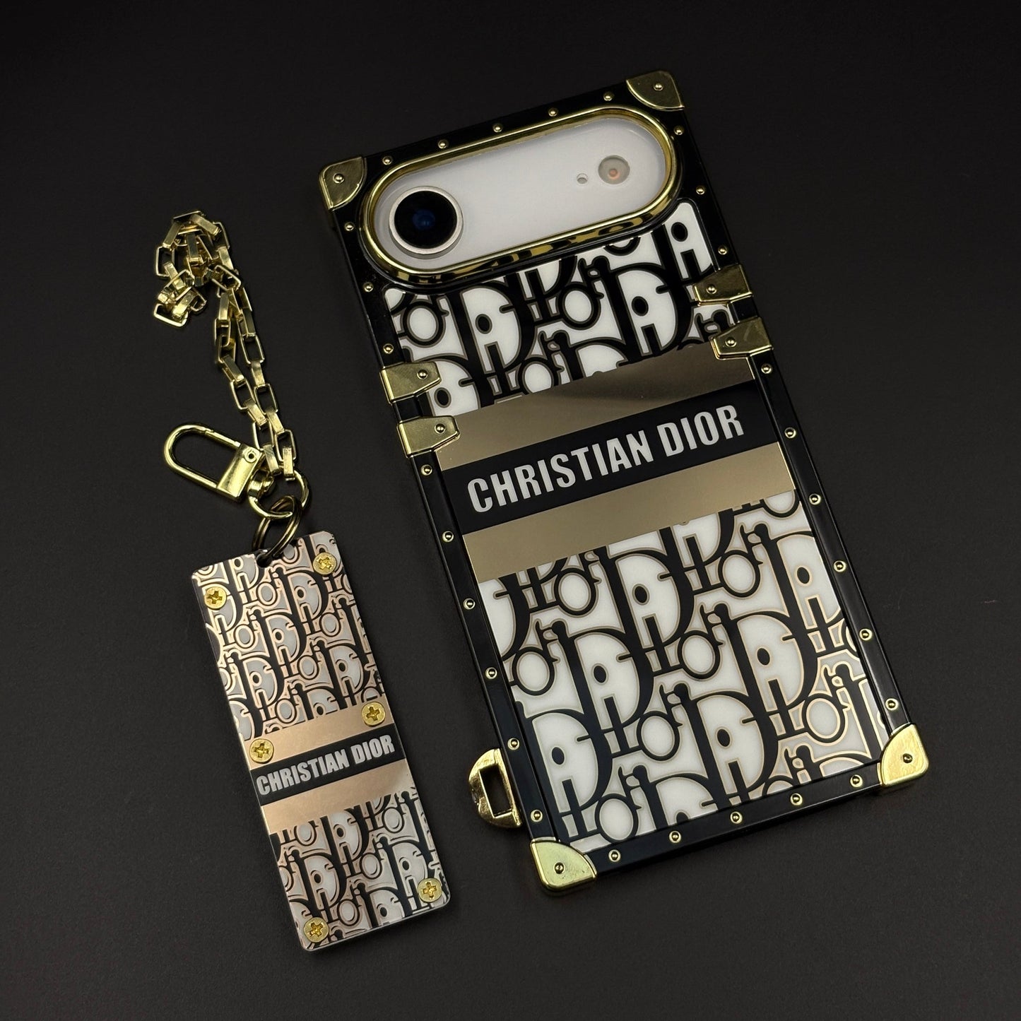 Luxury CD Trunk Phone Case Cover with Chain for iPhone 17 Air | Designer Metal Frame | Gold Monogram