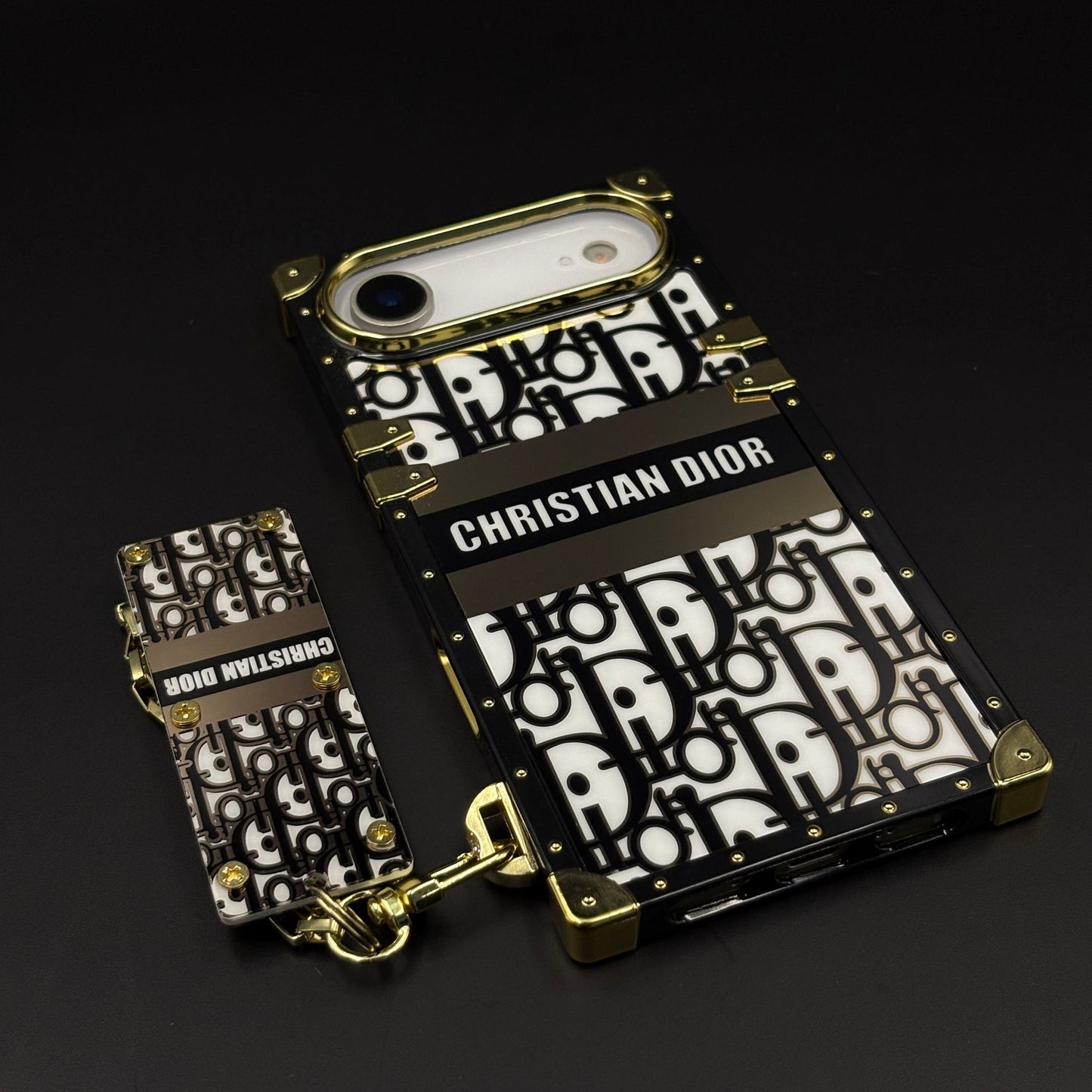 Luxury CD Trunk Phone Case Cover with Chain for iPhone 17 Air | Designer Metal Frame | Gold Monogram