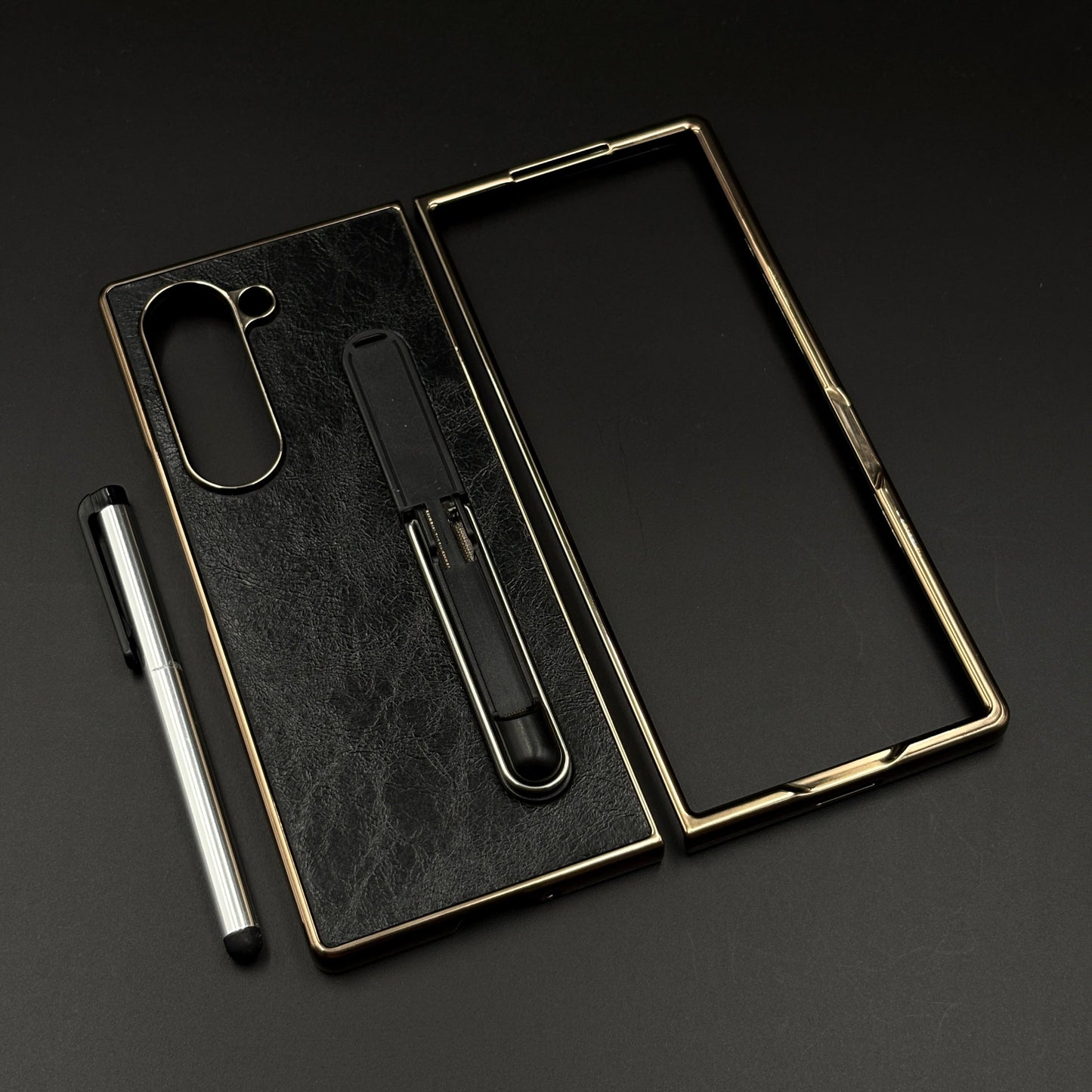 Leather Case with Pen & Holder for Samsung Galaxy Z Fold 6 | Kickstand | Gold Chrome Finish