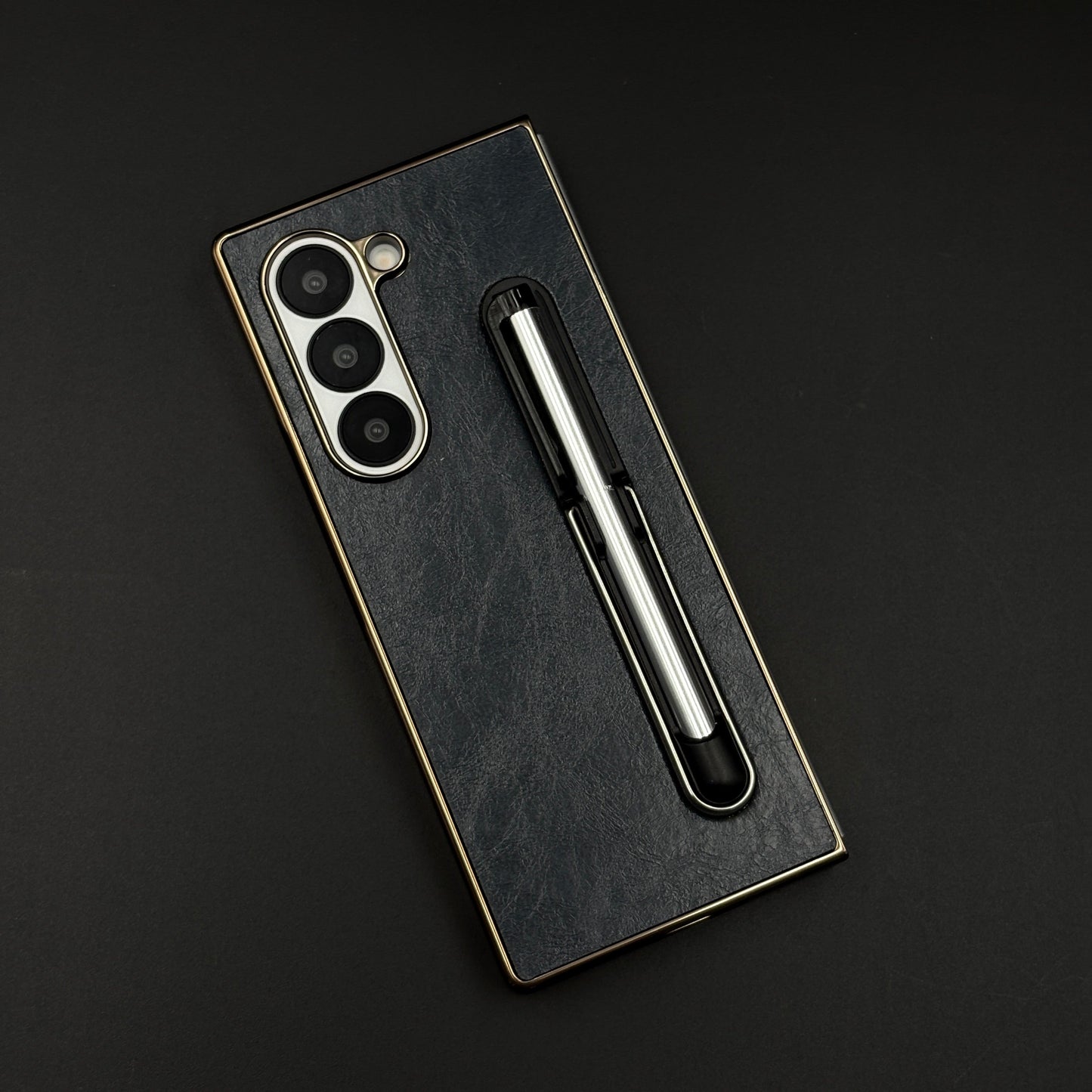 Leather Case with Pen & Holder for Samsung Galaxy Z Fold 6 | Kickstand | Gold Chrome Finish
