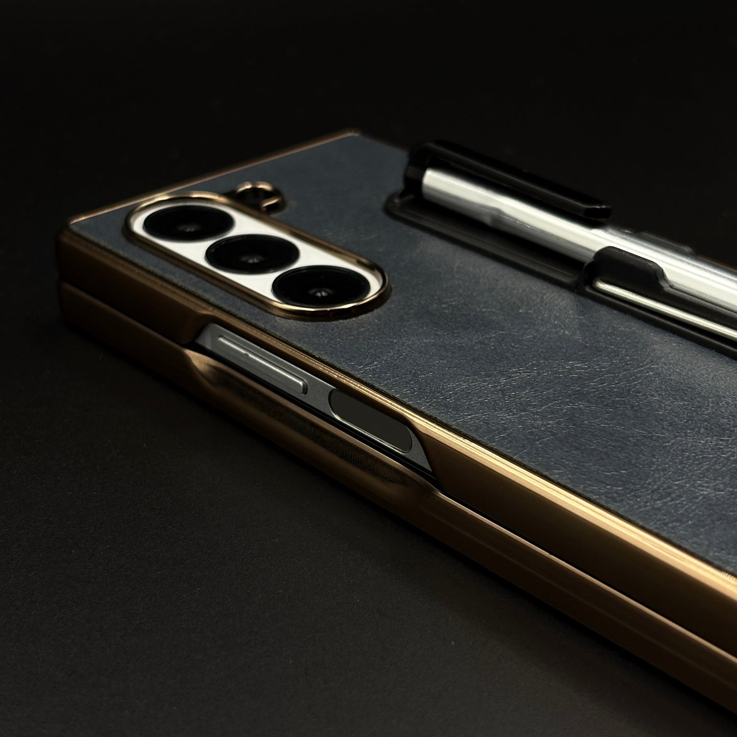 Leather Case with Pen & Holder for Samsung Galaxy Z Fold 6 | Kickstand | Gold Chrome Finish