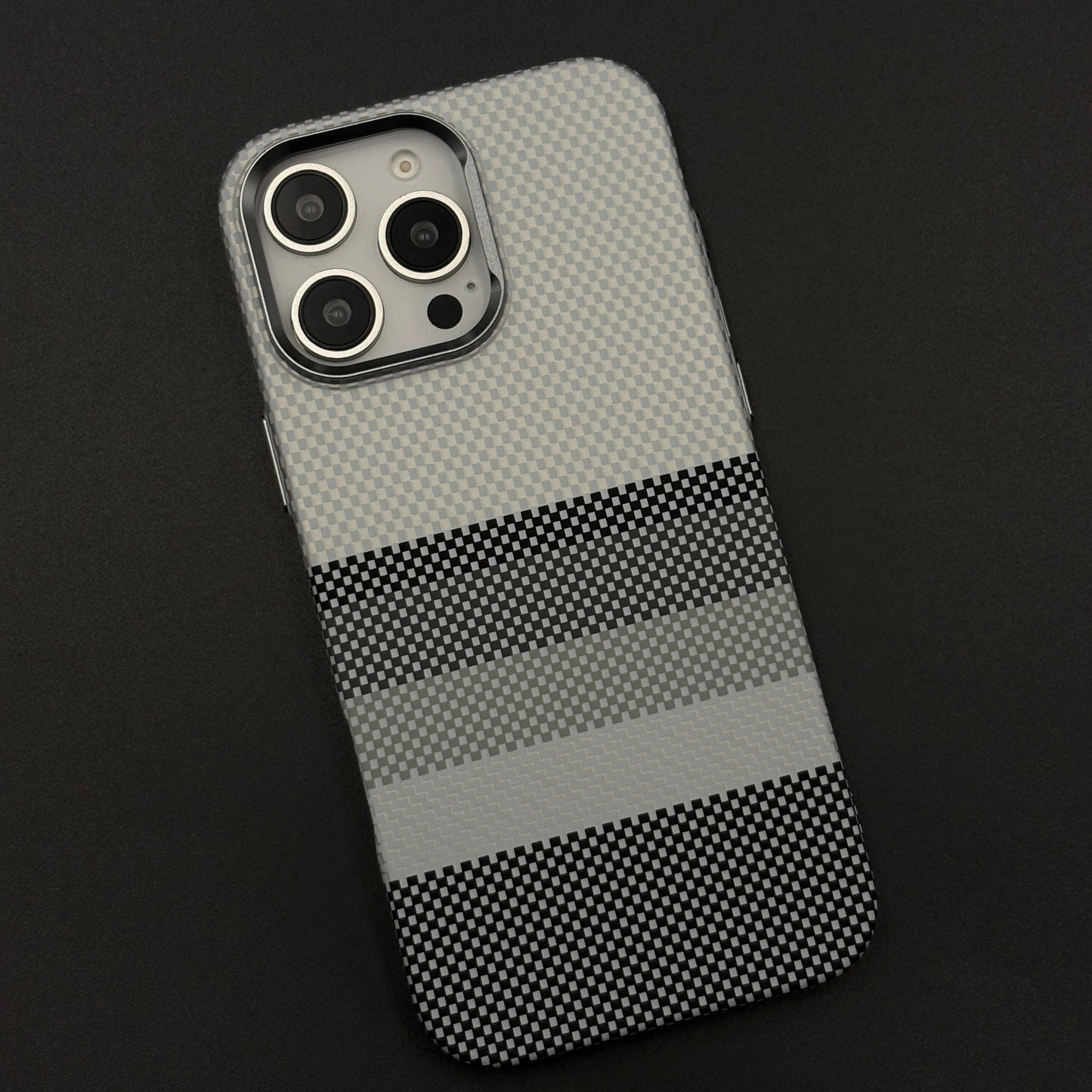 Gray Monochrome Stripe Case Slim Mobile Case Cover for iPhone | Rare Aramid Texture Finish | Real Carbon Fibre Feel | Hidden MagSafe