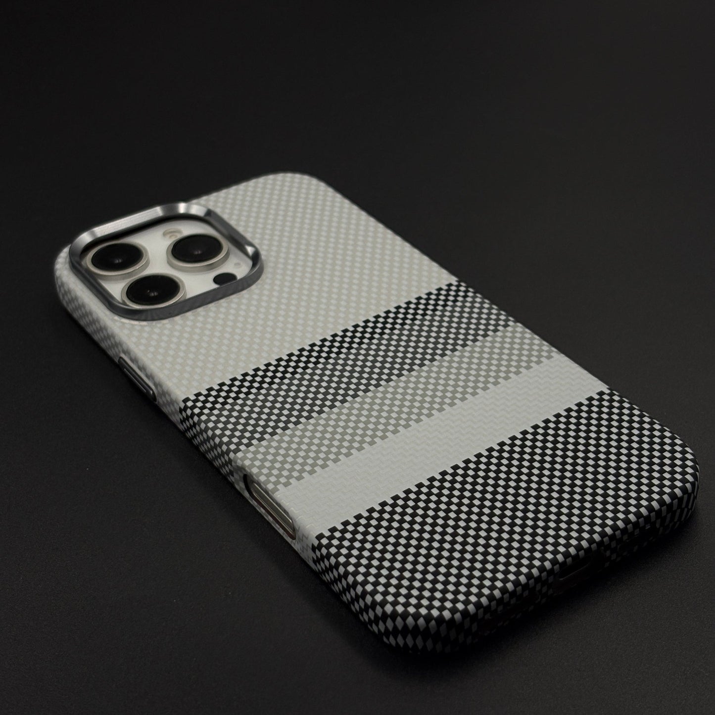 Gray Monochrome Stripe Case Slim Mobile Case Cover for iPhone | Rare Aramid Texture Finish | Real Carbon Fibre Feel | Hidden MagSafe