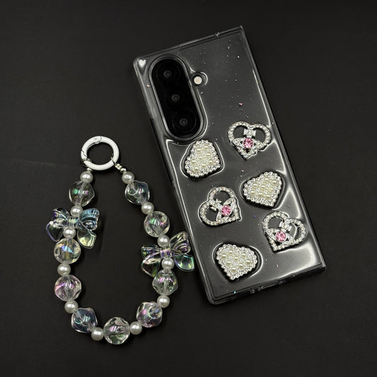 Luxury Pearl Heart Case with Beaded Strap for Samsung Galaxy Z Fold 7 | Glitter Transparent Cover