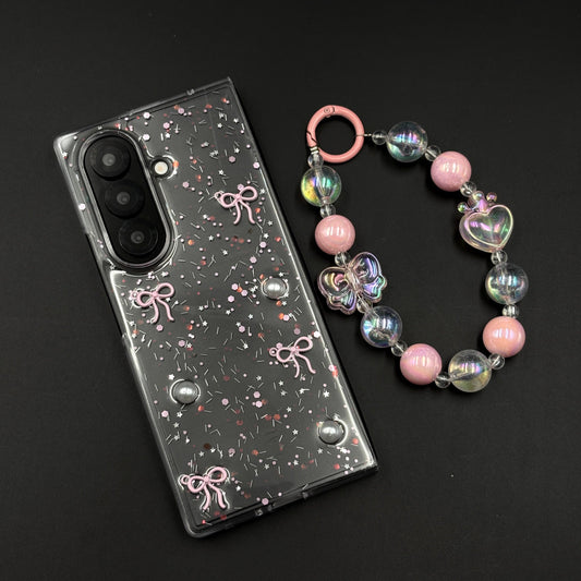 Samsung Galaxy Z Fold 7 Cute Pink Glitter Case with Pearl & Charm Strap | Protective Transparent Cover