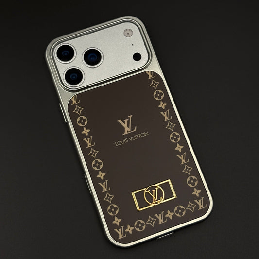 Luxury Monogram Border Metal Style Frame Brown Case for iPhone 17 Series | Premium Back Cover
