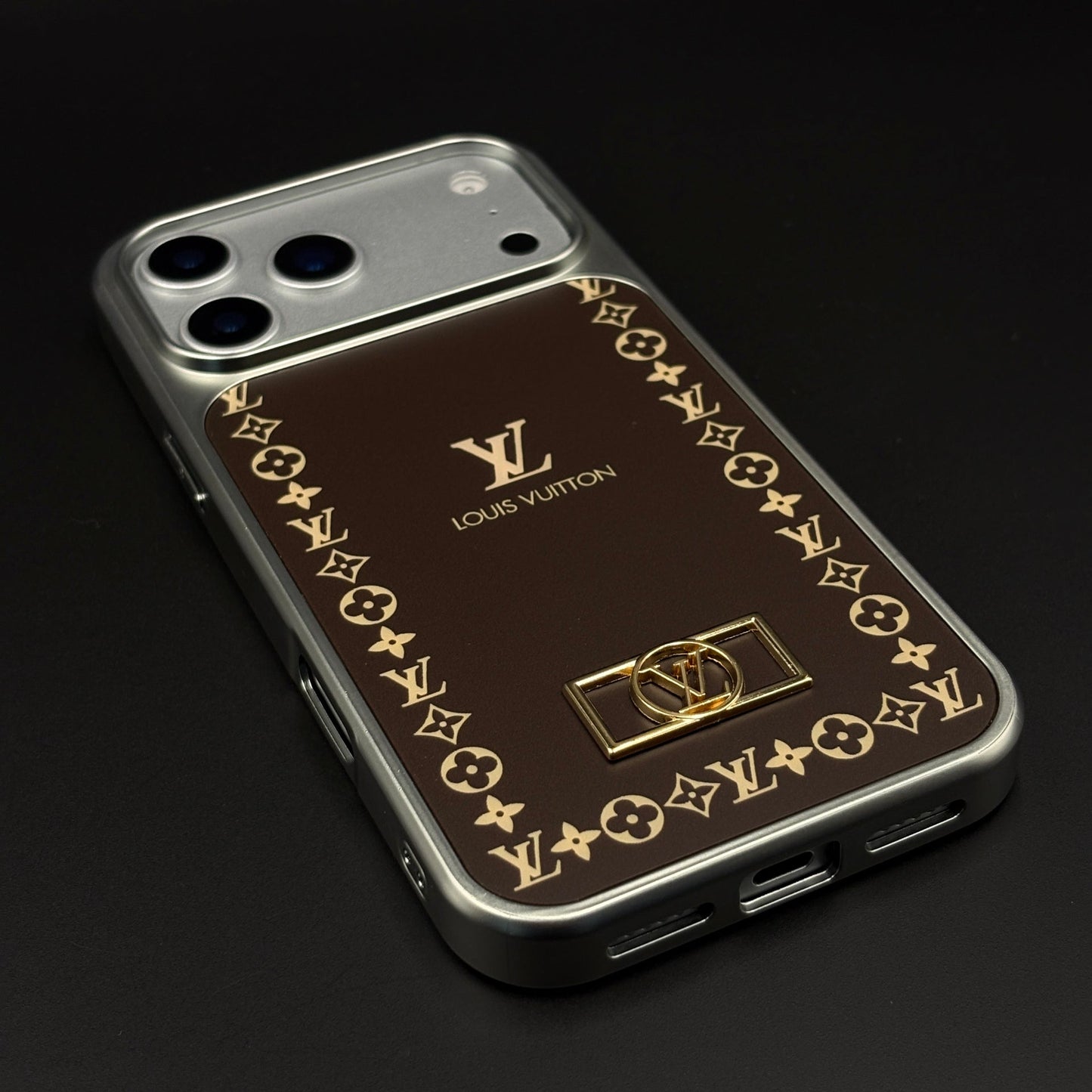 Luxury Monogram Border Metal Style Frame Brown Case for iPhone 17 Series | Premium Back Cover