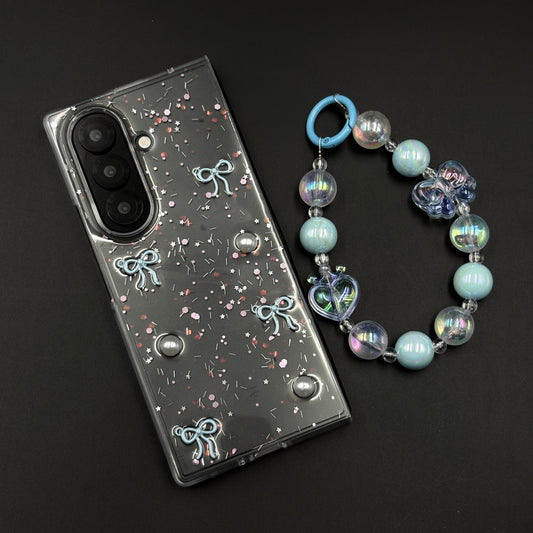 Samsung Galaxy Z Fold 7 Cute Blue Glitter Case with Pearl & Charm Strap | Protective Transparent Cover