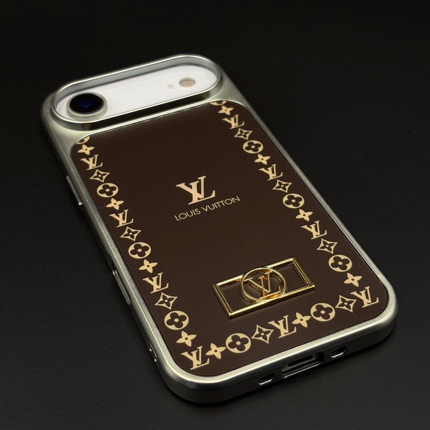 Luxury Monogram Border Metal Style Frame Brown Case for iPhone 17 Air | Premium Back Cover