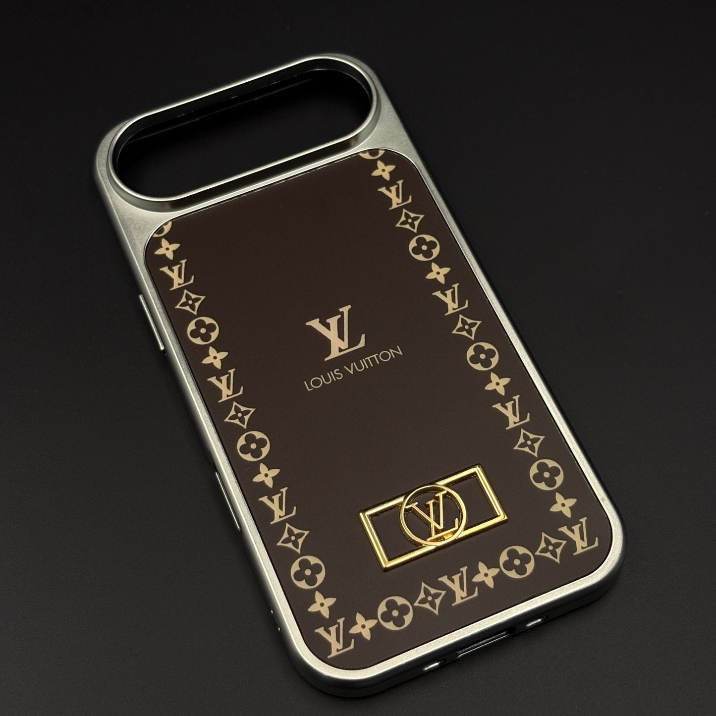 Luxury Monogram Border Metal Style Frame Brown Case for iPhone 17 Air | Premium Back Cover