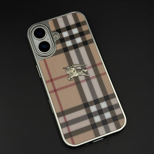 Luxury BBRY Check Plaid Metal Style Frame Case for iPhone 17 | Premium Designer Back Cover