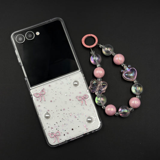 Samsung Galaxy Z Flip 7 Cute Pink Glitter Case with Pearl & Charm Strap | Protective Transparent Cover