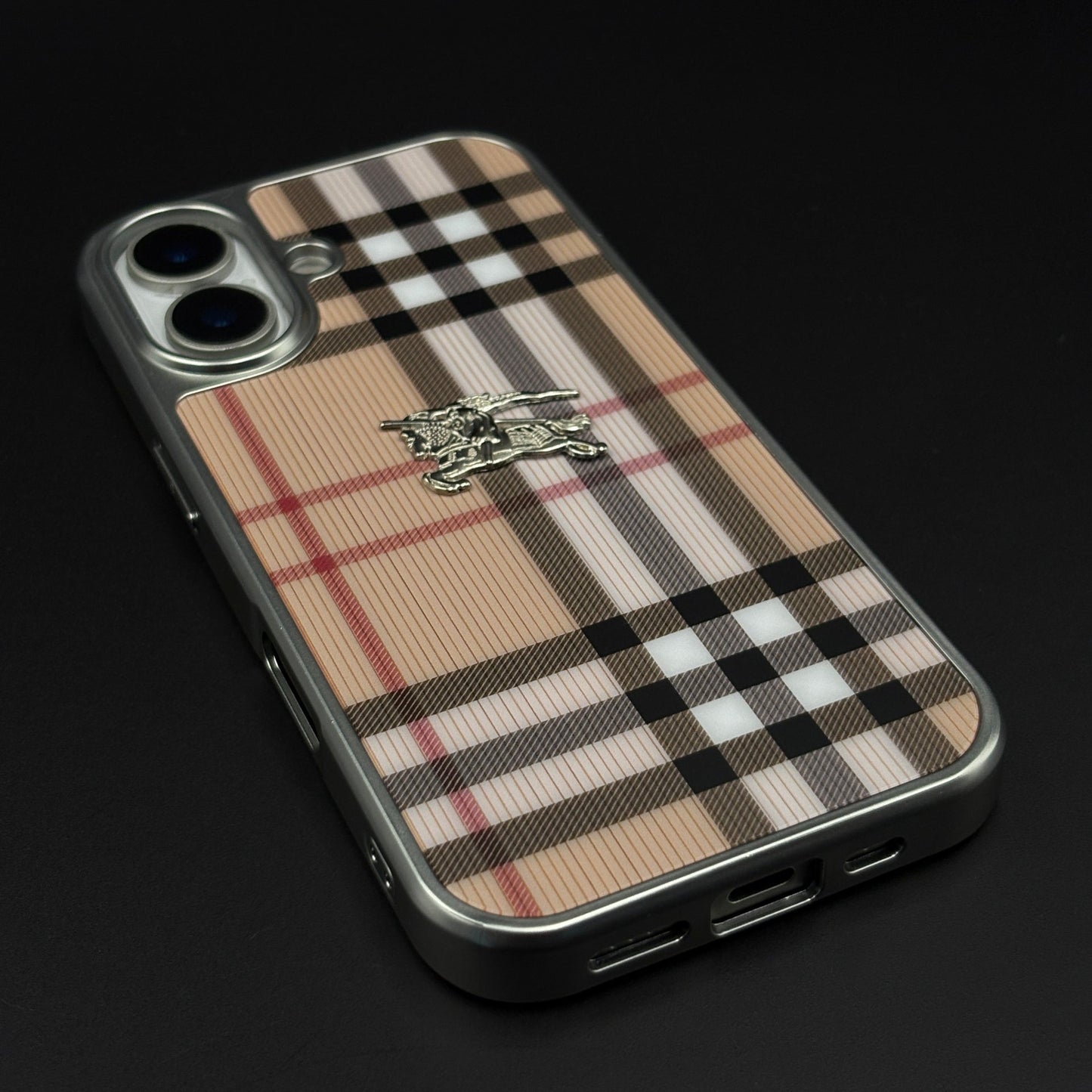 Luxury BBRY Check Plaid Metal Style Frame Case for iPhone 17 | Premium Designer Back Cover