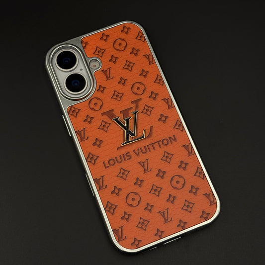 Luxury Brand Metal Style Frame Leather Case for iPhone 17 | Premium Embossed Back Cover