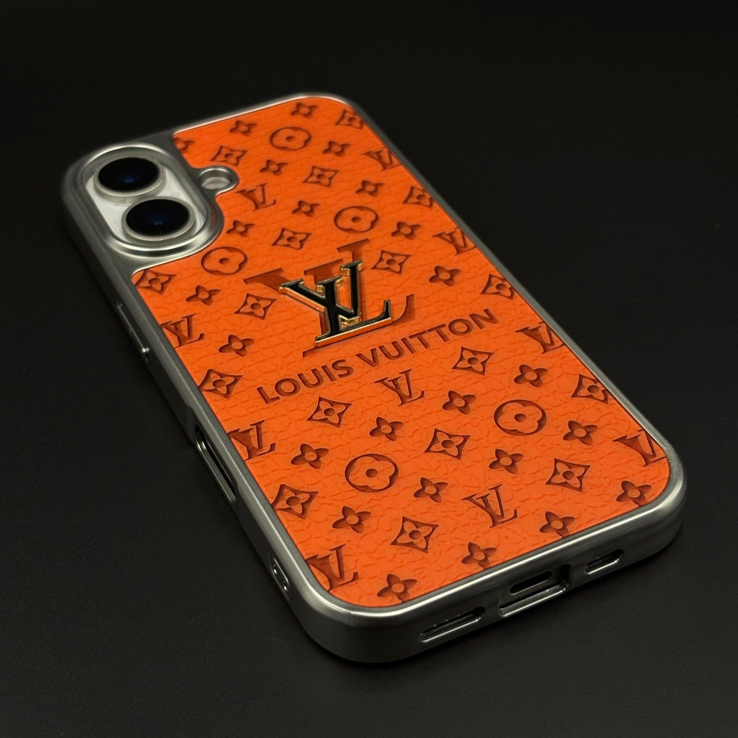 Luxury Brand Metal Style Frame Leather Case for iPhone 17 | Premium Embossed Back Cover