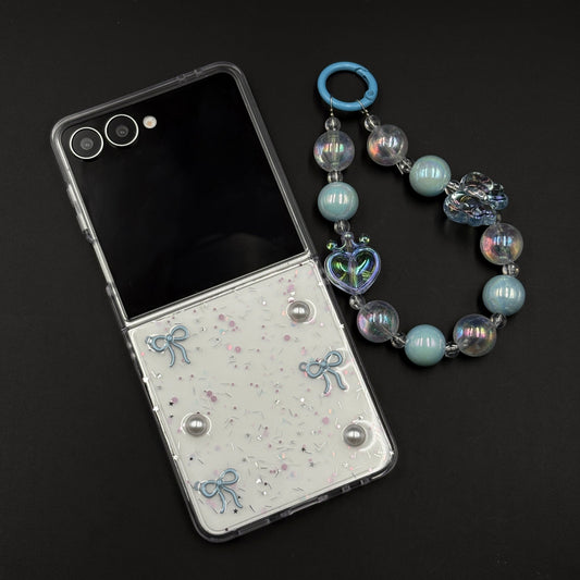 Samsung Galaxy Z Flip 7 Cute Blue Glitter Case with Pearl & Charm Strap | Protective Transparent Cover