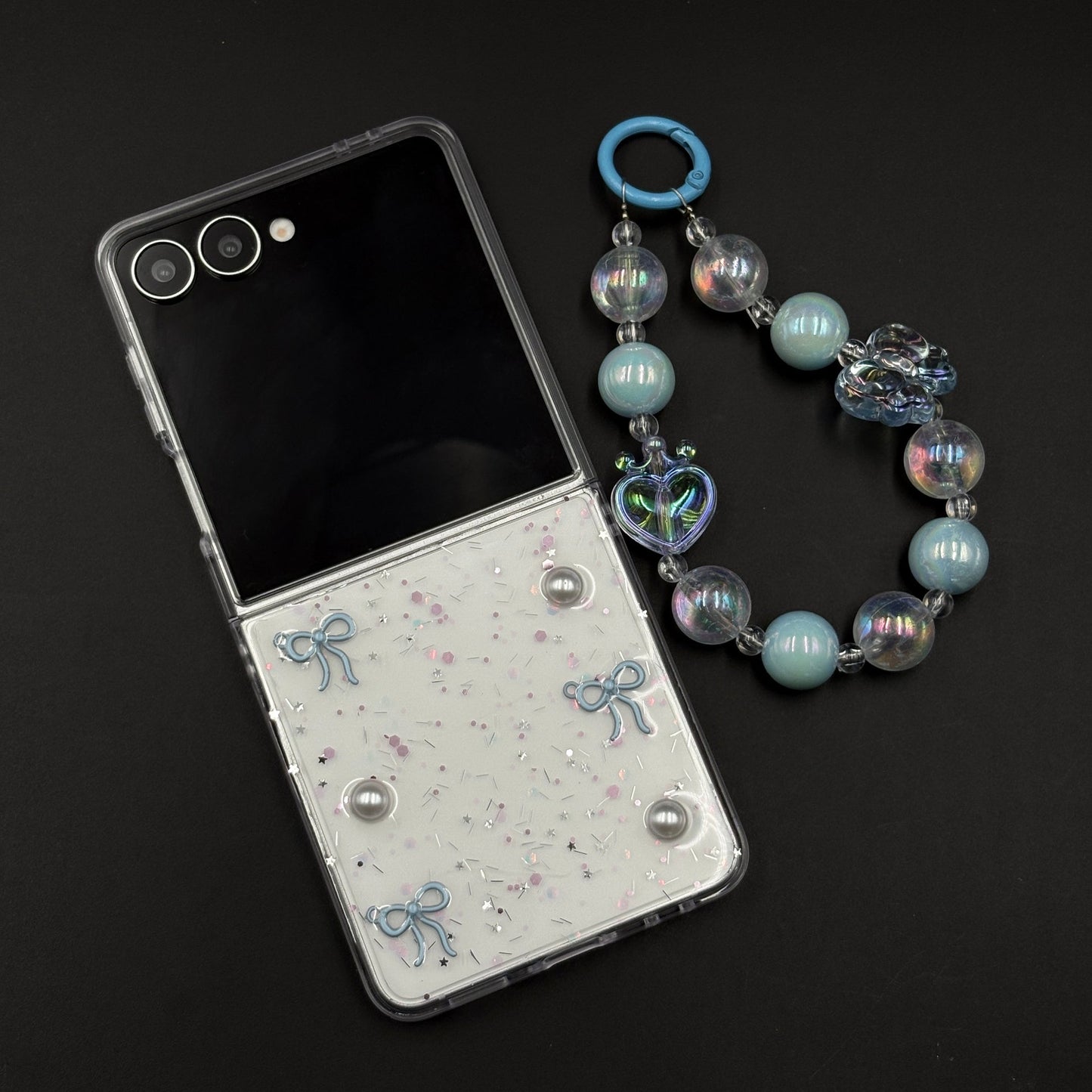 Samsung Galaxy Z Flip 8 Cute Blue Glitter Case with Pearl & Charm Strap | Protective Transparent Cover