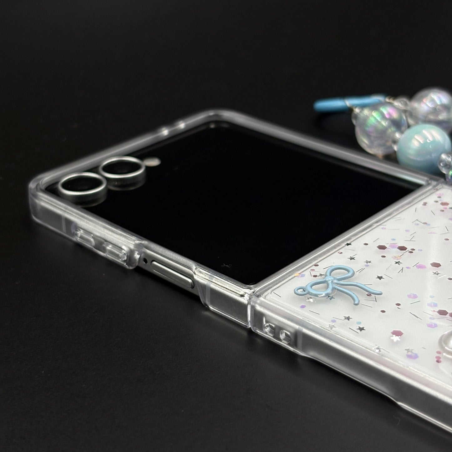 Samsung Galaxy Z Flip 7 Cute Blue Glitter Case with Pearl & Charm Strap | Protective Transparent Cover