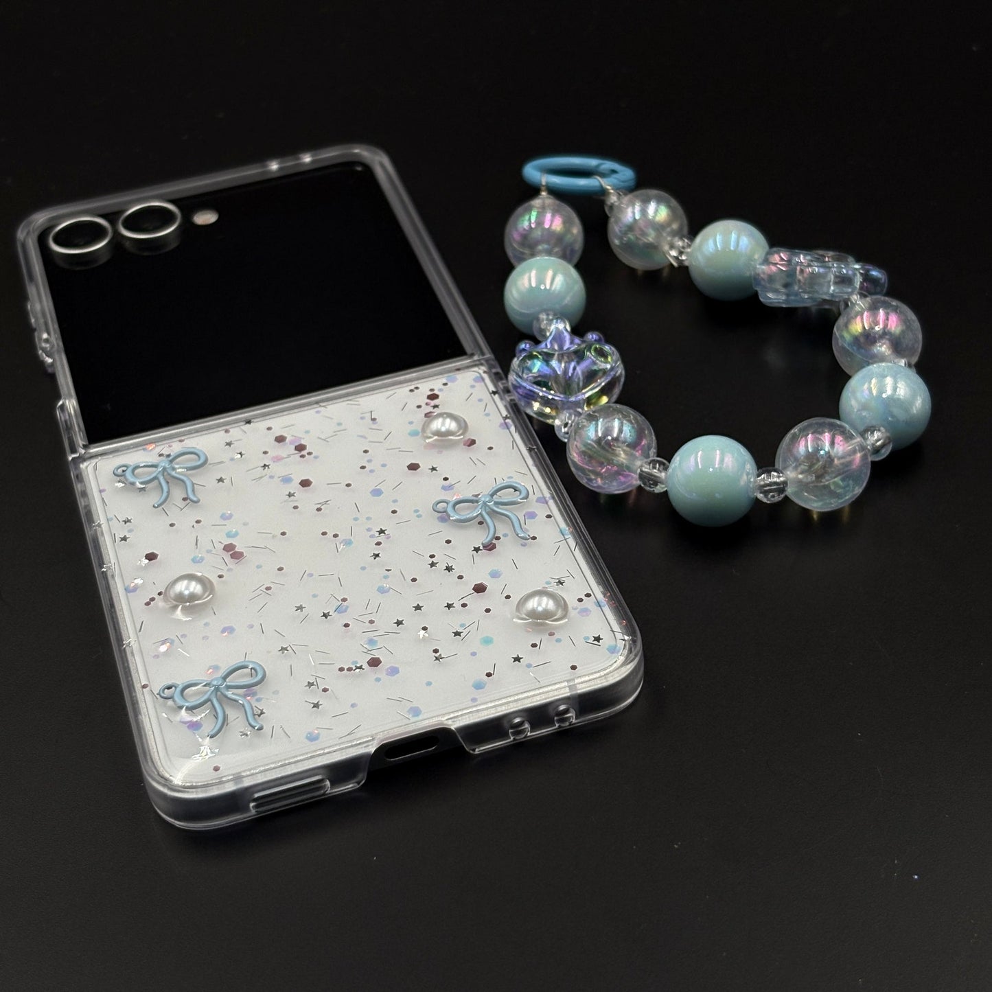 Samsung Galaxy Z Flip 7 Cute Blue Glitter Case with Pearl & Charm Strap | Protective Transparent Cover
