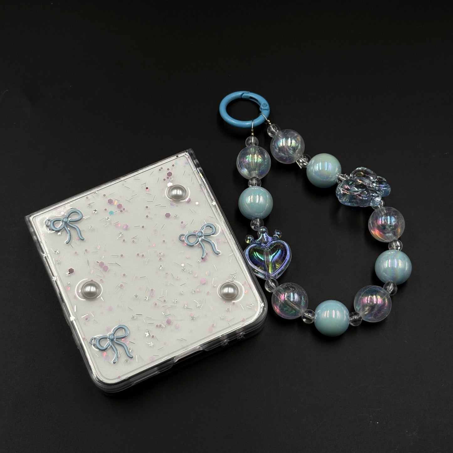 Samsung Galaxy Z Flip 7 Cute Blue Glitter Case with Pearl & Charm Strap | Protective Transparent Cover