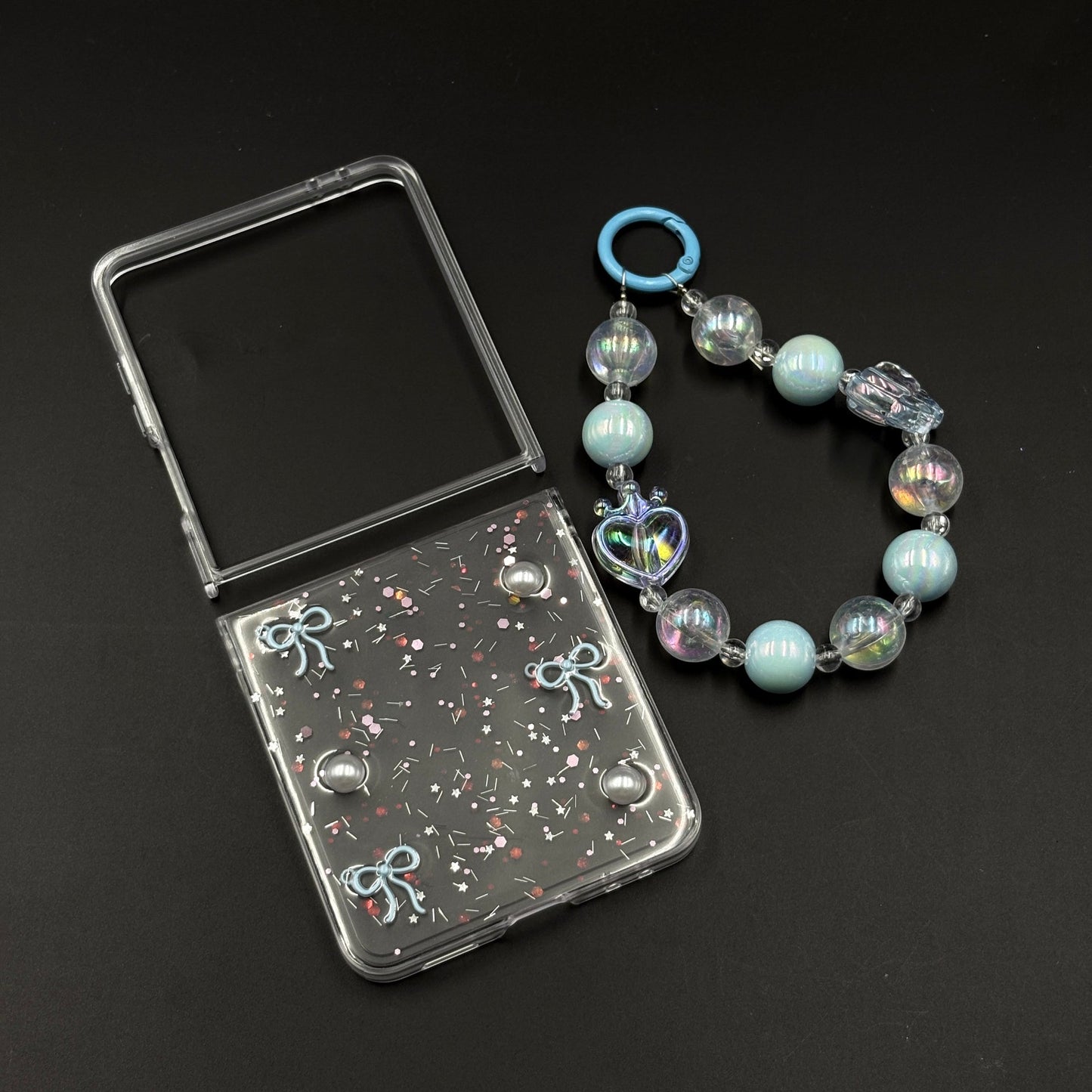Samsung Galaxy Z Flip 8 Cute Blue Glitter Case with Pearl & Charm Strap | Protective Transparent Cover