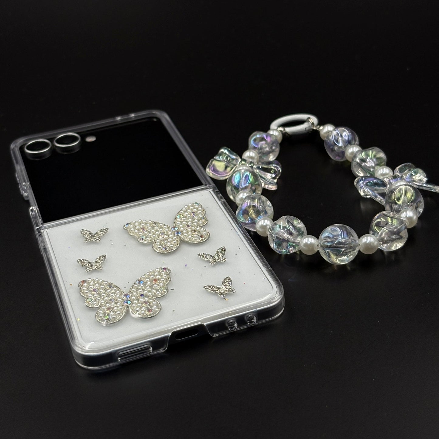 Butterfly Case with Rhinestone Crystals & Beaded Charm Strap for Samsung Galaxy Z Flip 7 | Luxury Transparent Cover