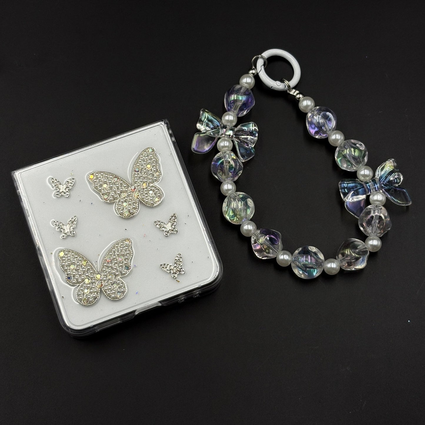 Butterfly Case with Rhinestone Crystals & Beaded Charm Strap for Samsung Galaxy Z Flip 7 | Luxury Transparent Cover