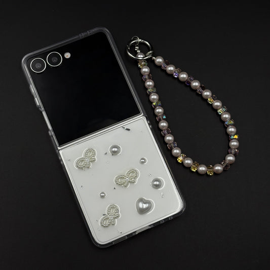 Pearl Butterfly Case with Beaded Charm Strap for Samsung Galaxy Z Flip 7 | Elegant Protective Cover