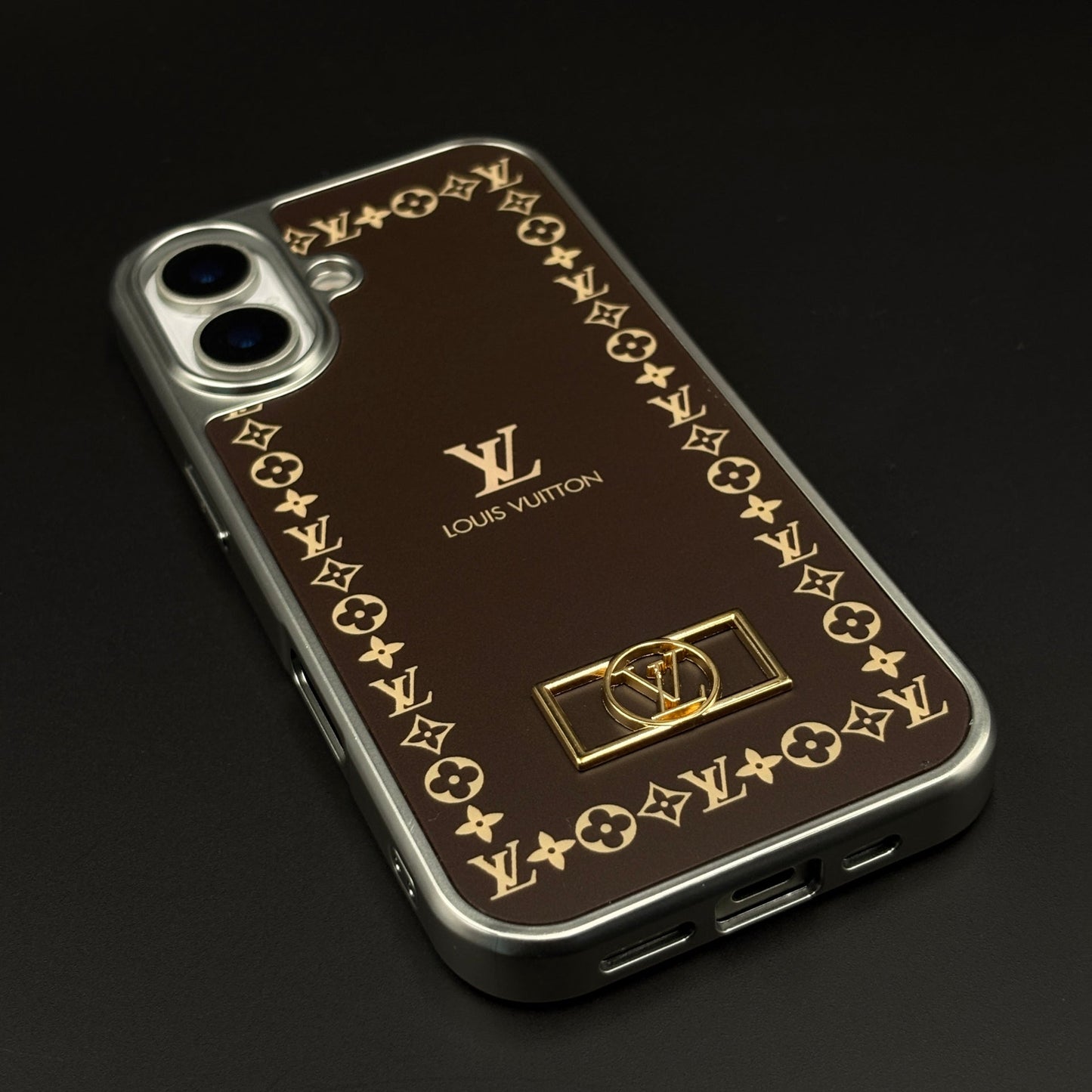 Luxury Monogram Border Metal Style Frame Brown Case for iPhone 17 | Premium Back Cover