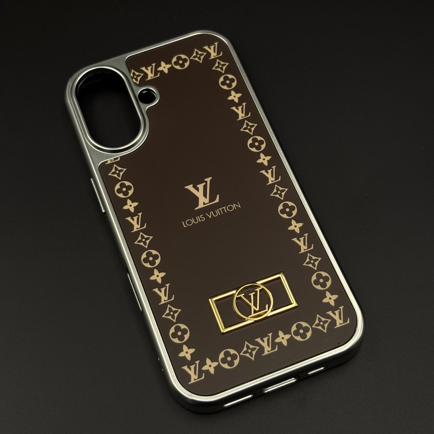 Luxury Monogram Border Metal Style Frame Brown Case for iPhone 17 | Premium Back Cover