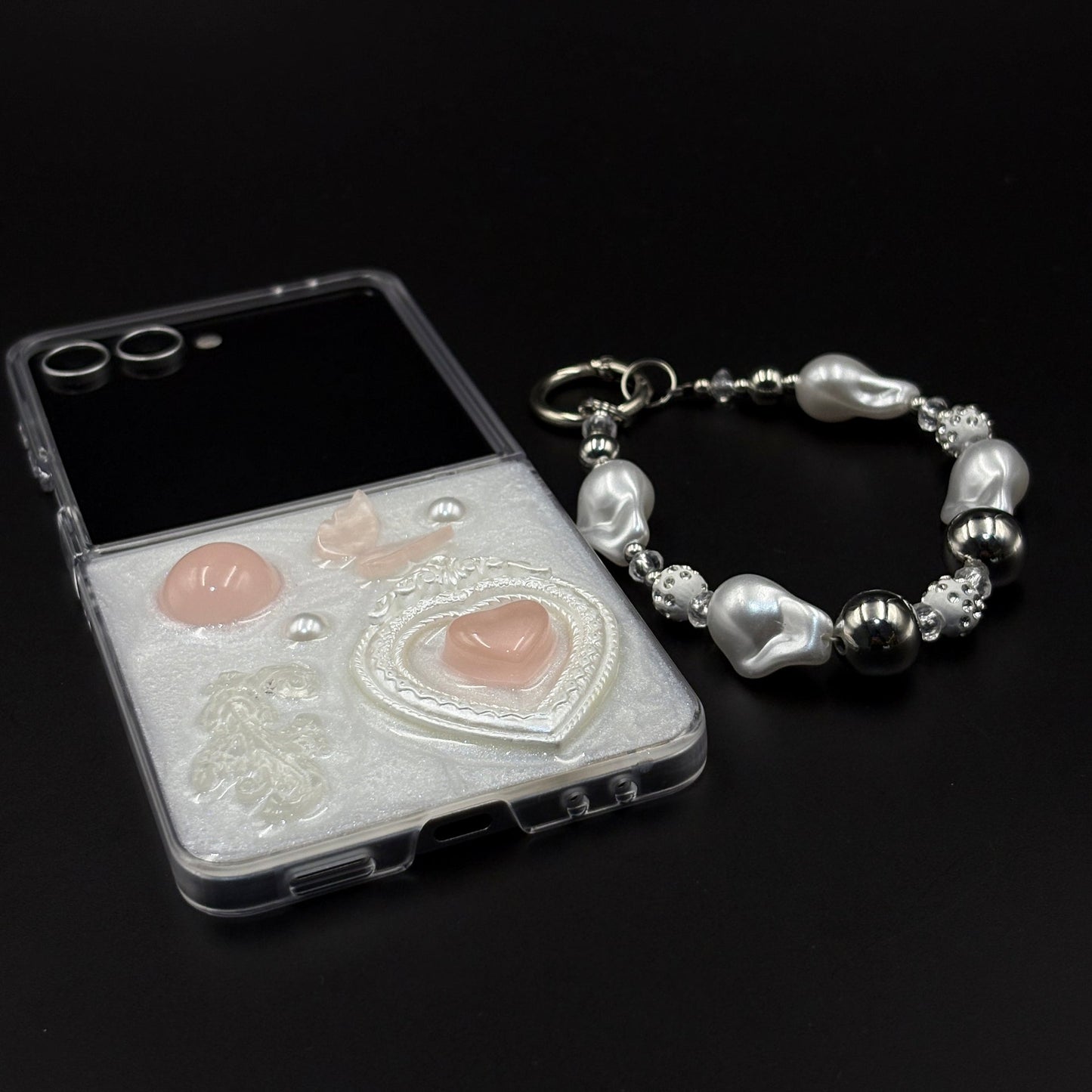 Luxury Heart Case with 3D Pearl Frame & Charm Strap for Samsung Galaxy Flip 7 | Elegant Protective Cover