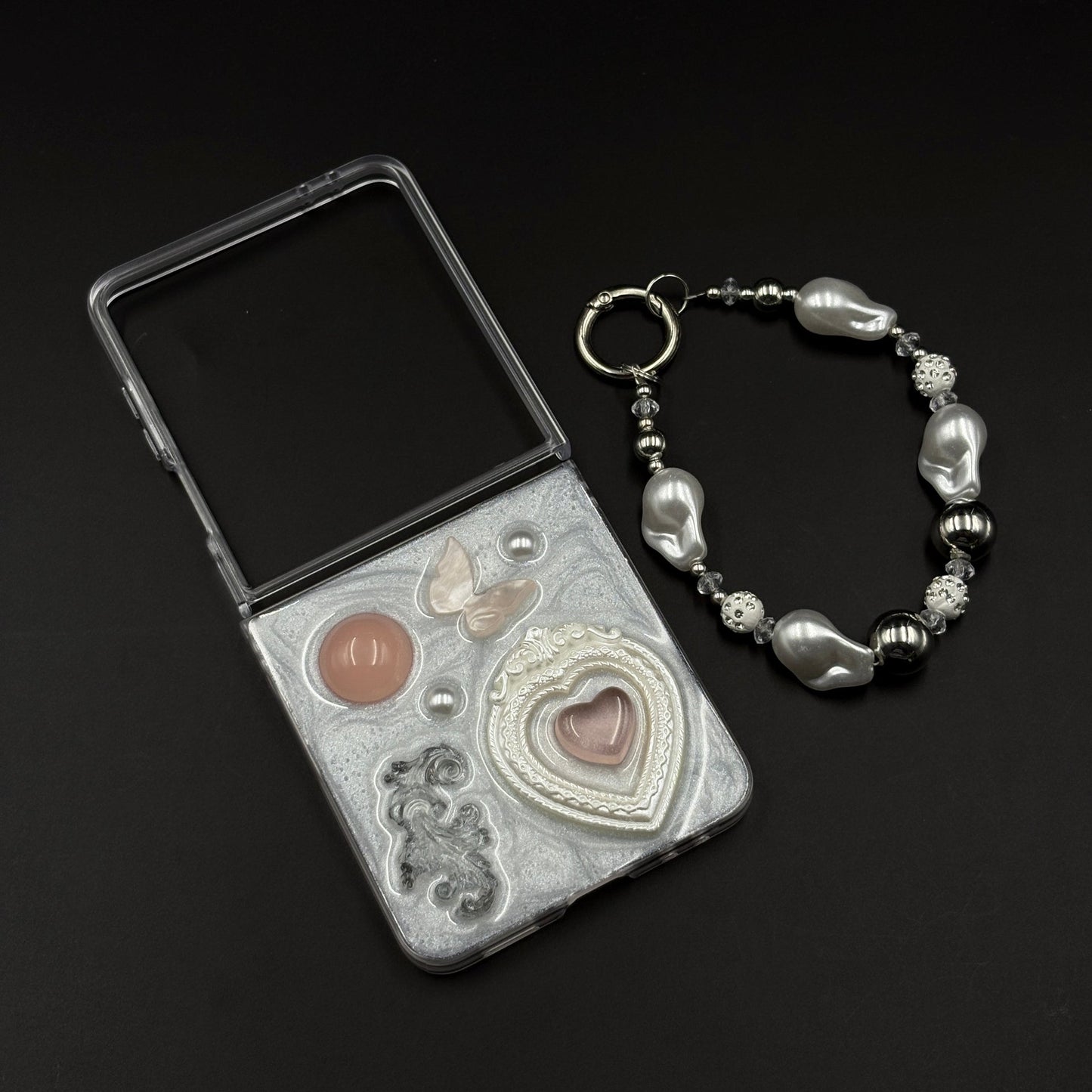 Luxury Heart Case with 3D Pearl Frame & Charm Strap for Samsung Galaxy Flip 7 | Elegant Protective Cover